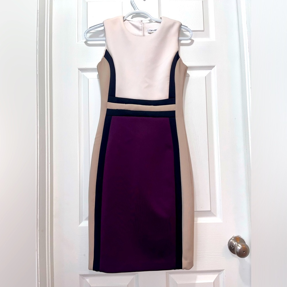 Calvin Klein Sheath Dress Purple and Cream ColorBlock
